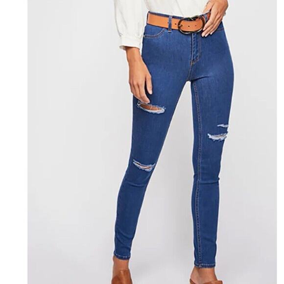 Free People Jeans Womens 29R Blue Denim Skinny Distressed - Picture 1 of 9